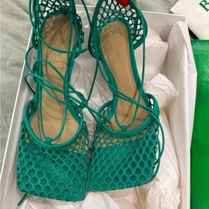 Bottega Veneta Teal Green Mesh Lace-Up Heels